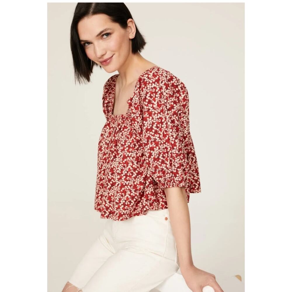 Apiece Apart Gali Shirred Top Floral Square Neck Puff Sleeve Blouse S